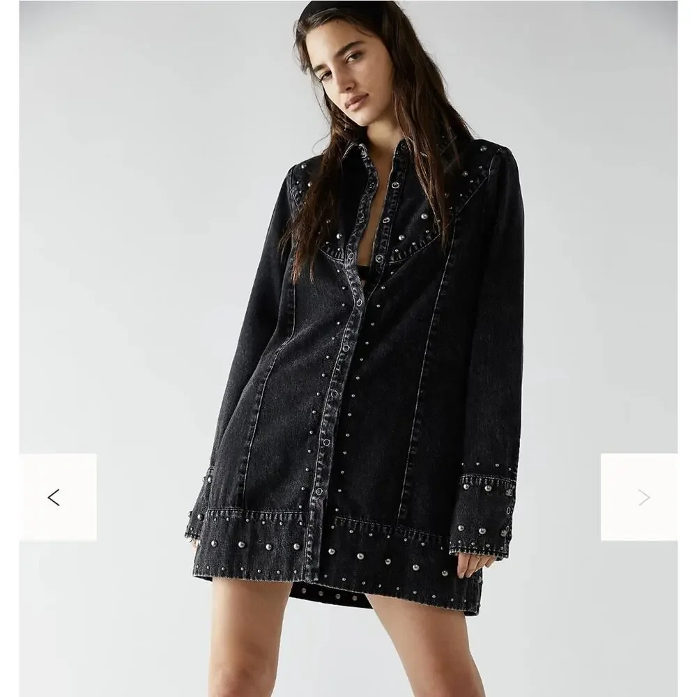 Free People Black Studded Denim Bennet Mini Dress Size M Jacket Grunge Goth Boho